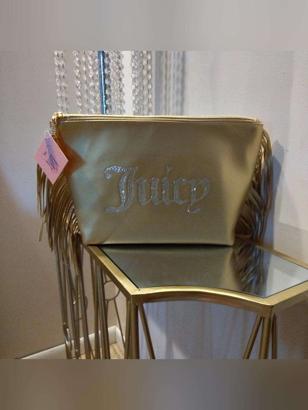 Juicy Couture Gold Fringe Cosmetic Bag with Rhinestone Logo